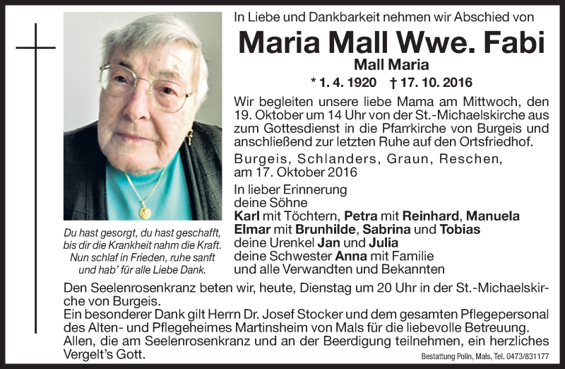  Traueranzeige für Maria Fabi vom 18.10.2016 aus Dolomiten