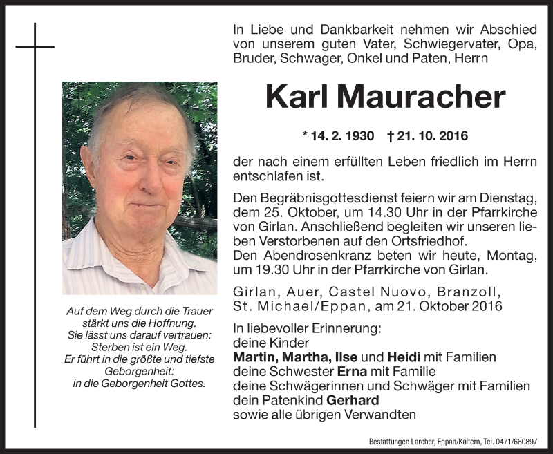  Traueranzeige für Karl Mauracher vom 24.10.2016 aus Dolomiten
