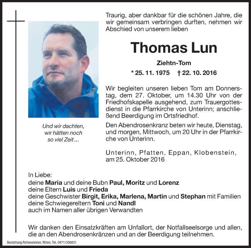  Traueranzeige für Thomas Lun vom 25.10.2016 aus Dolomiten