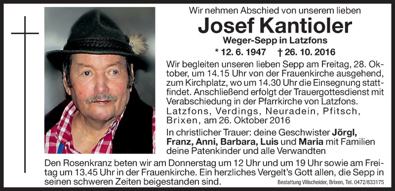  Traueranzeige für Josef Kantioler vom 27.10.2016 aus Dolomiten