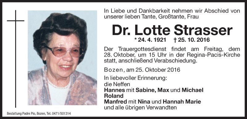  Traueranzeige für Lotte Strasser vom 27.10.2016 aus Dolomiten