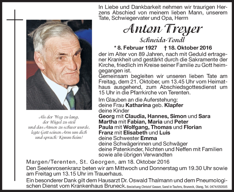  Traueranzeige für Anton Treyer vom 19.10.2016 aus Dolomiten
