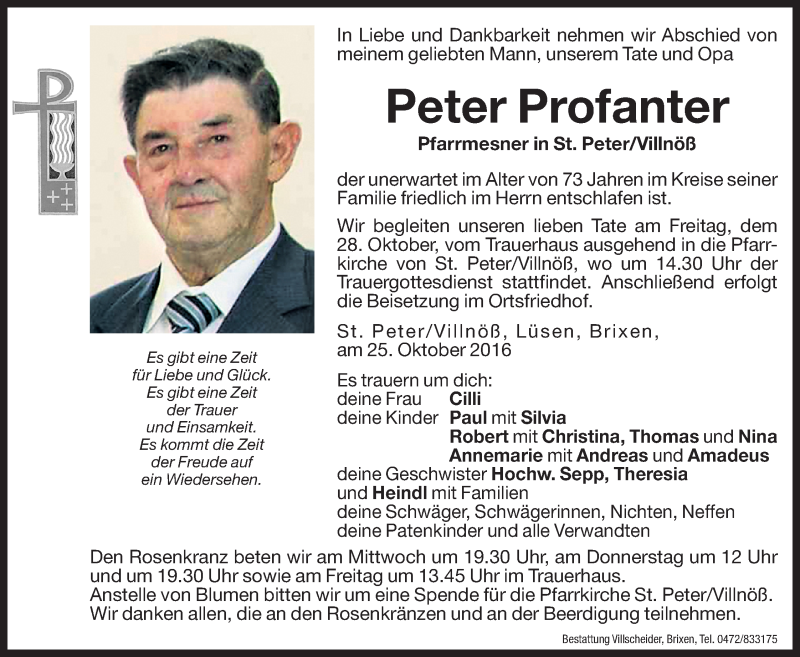  Traueranzeige für Peter Profanter vom 26.10.2016 aus Dolomiten