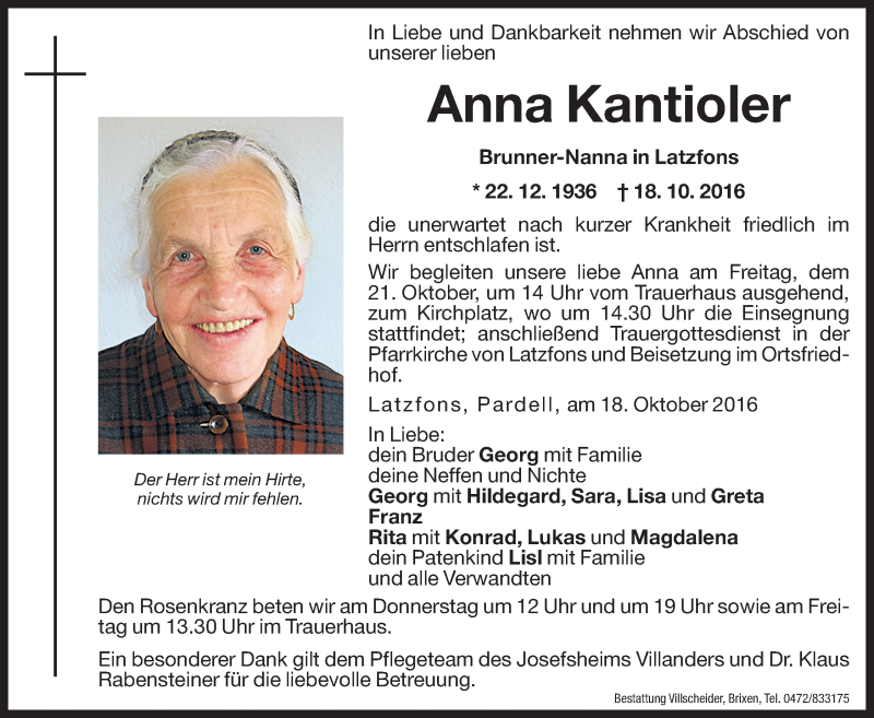  Traueranzeige für Anna Kantioler vom 20.10.2016 aus Dolomiten