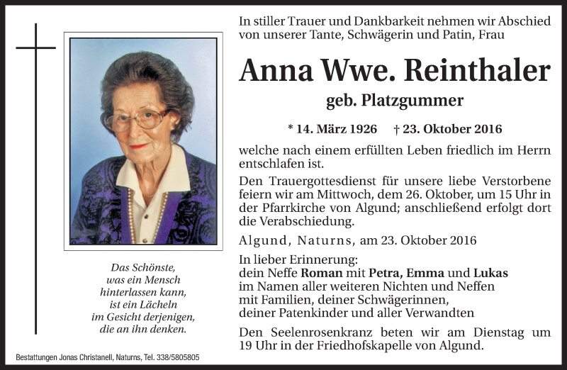  Traueranzeige für Anna Reinthaler vom 24.10.2016 aus Dolomiten