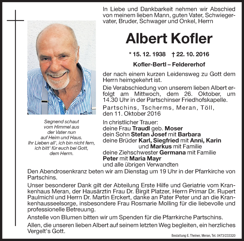  Traueranzeige für Albert Kofler vom 24.10.2016 aus Dolomiten
