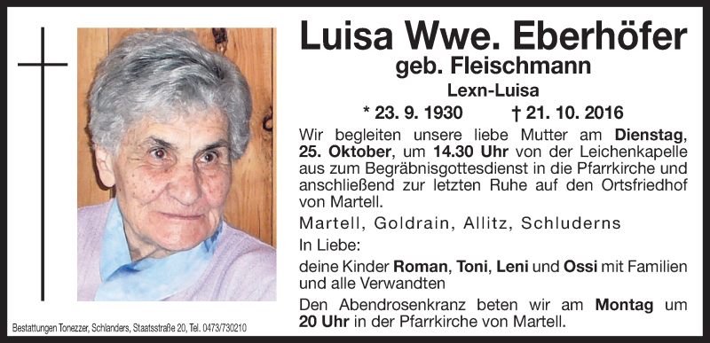  Traueranzeige für Luisa Eberhöfer vom 24.10.2016 aus Dolomiten