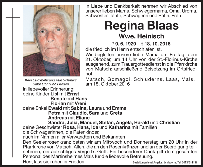  Traueranzeige für Regina Heinisch vom 19.10.2016 aus Dolomiten