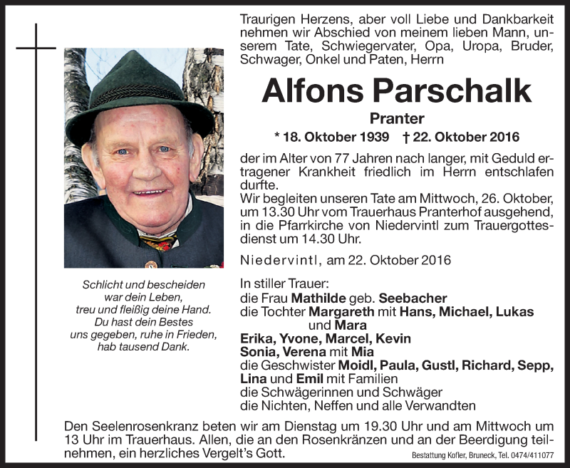  Traueranzeige für Alfons Parschalk vom 25.10.2016 aus Dolomiten