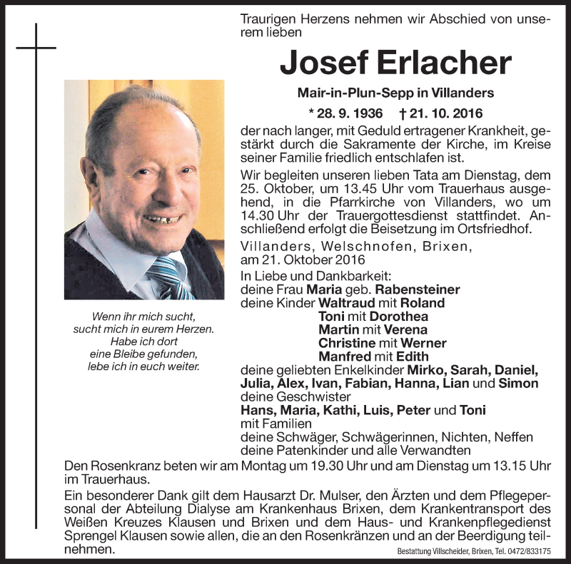  Traueranzeige für Josef Erlacher vom 24.10.2016 aus Dolomiten
