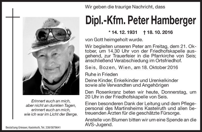  Traueranzeige für Peter Hamberger vom 20.10.2016 aus Dolomiten