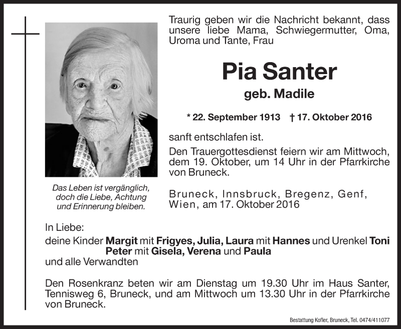  Traueranzeige für Pia Santer vom 18.10.2016 aus Dolomiten