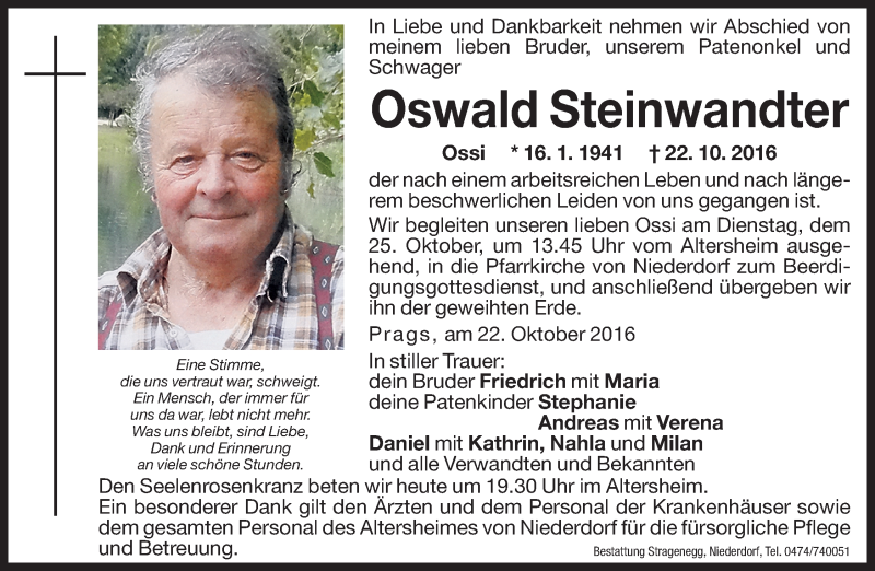  Traueranzeige für Oswald Steinwandter vom 24.10.2016 aus Dolomiten