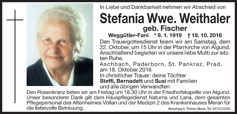  Traueranzeige für Stefania Weithaler vom 21.10.2016 aus Dolomiten