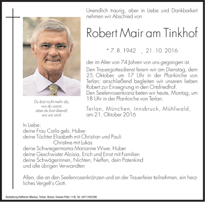  Traueranzeige für Robert Mair am Tinkhof vom 24.10.2016 aus Dolomiten