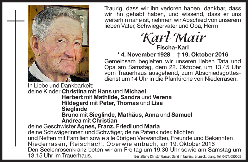  Traueranzeige für Karl Mair vom 21.10.2016 aus Dolomiten