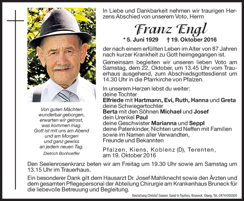  Traueranzeige für Franz Engl vom 21.10.2016 aus Dolomiten