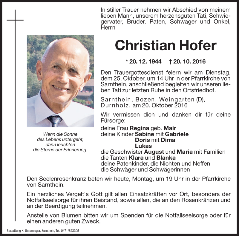  Traueranzeige für Christian Hofer vom 24.10.2016 aus Dolomiten