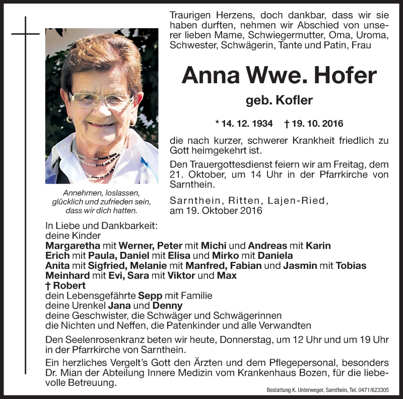  Traueranzeige für Anna Hofer vom 20.10.2016 aus Dolomiten