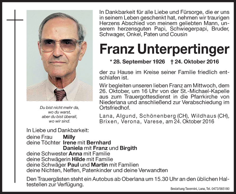  Traueranzeige für Franz Unterpertinger vom 25.10.2016 aus Dolomiten