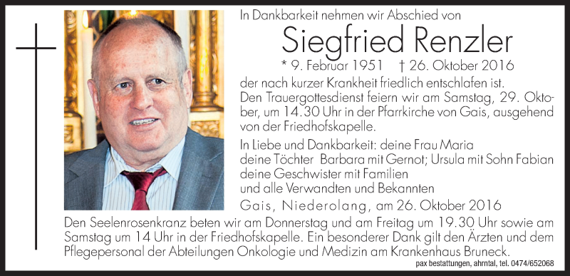  Traueranzeige für Siegfried Renzler vom 27.10.2016 aus Dolomiten