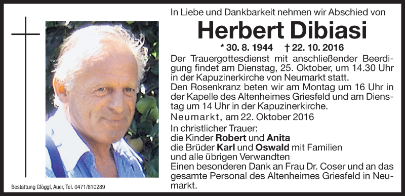  Traueranzeige für Herbert Dibiasi vom 24.10.2016 aus Dolomiten