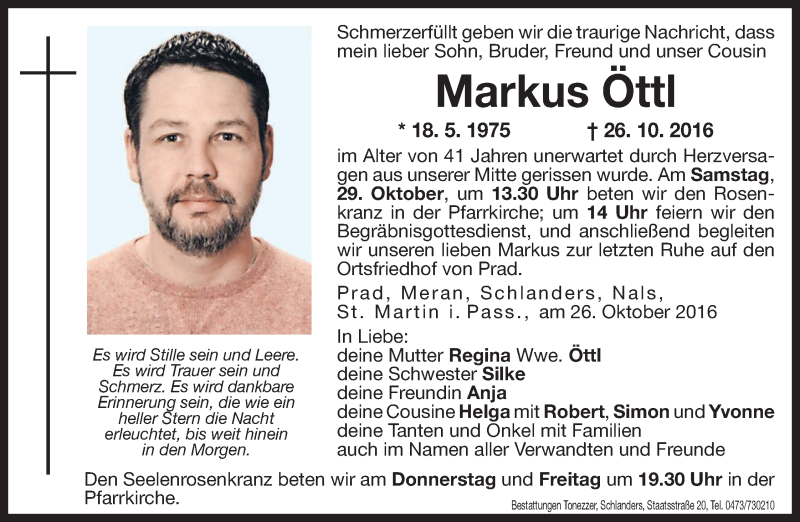 Traueranzeige für Markus Öttl vom 27.10.2016 aus Dolomiten