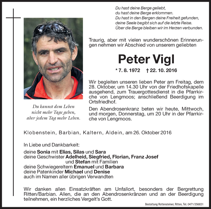  Traueranzeige für Peter Vigl vom 26.10.2016 aus Dolomiten