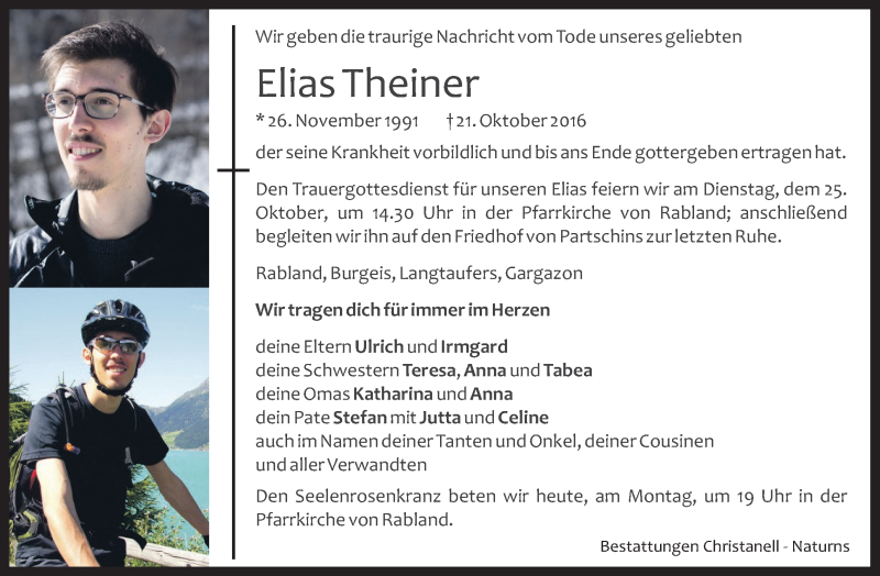  Traueranzeige für Elias Theiner vom 24.10.2016 aus Dolomiten