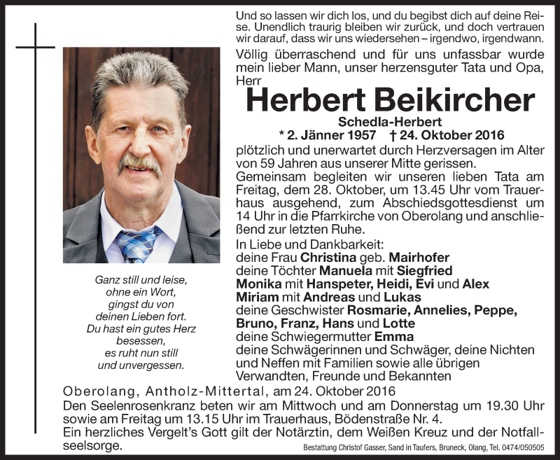  Traueranzeige für Herbert Beikircher vom 26.10.2016 aus Dolomiten