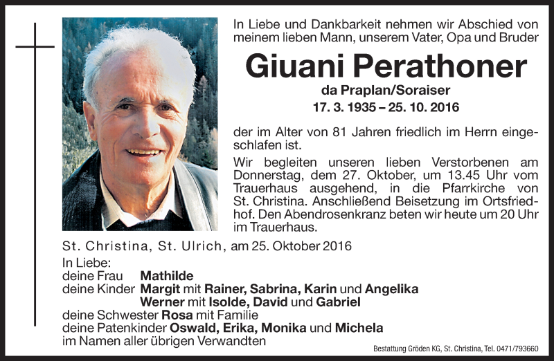  Traueranzeige für Giuani Perathoner vom 26.10.2016 aus Dolomiten