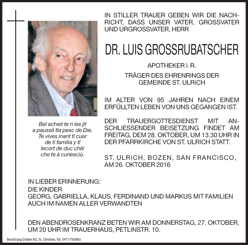  Traueranzeige für Luis Grossrubatscher vom 27.10.2016 aus Dolomiten