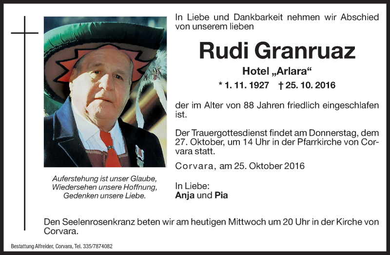  Traueranzeige für Rudi Granruaz vom 26.10.2016 aus Dolomiten