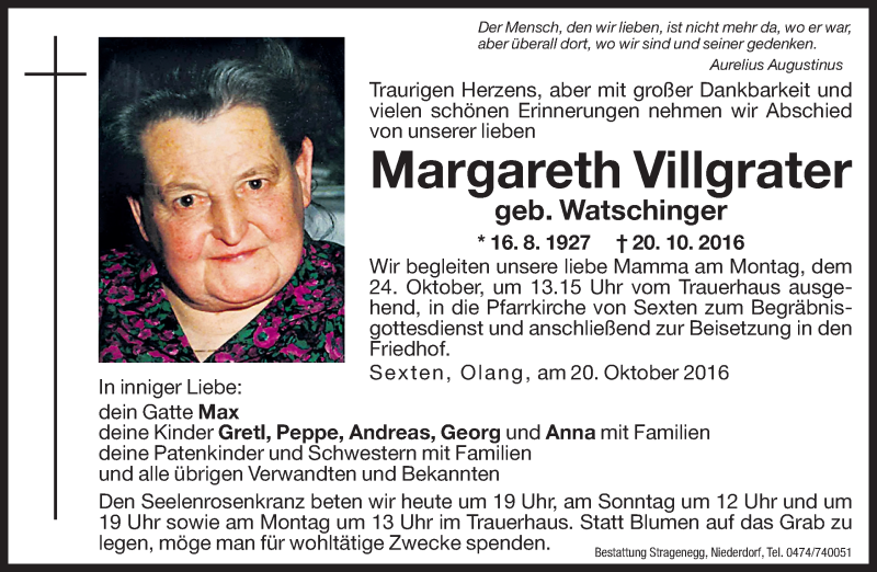  Traueranzeige für Margareth Villgrater vom 22.10.2016 aus Dolomiten