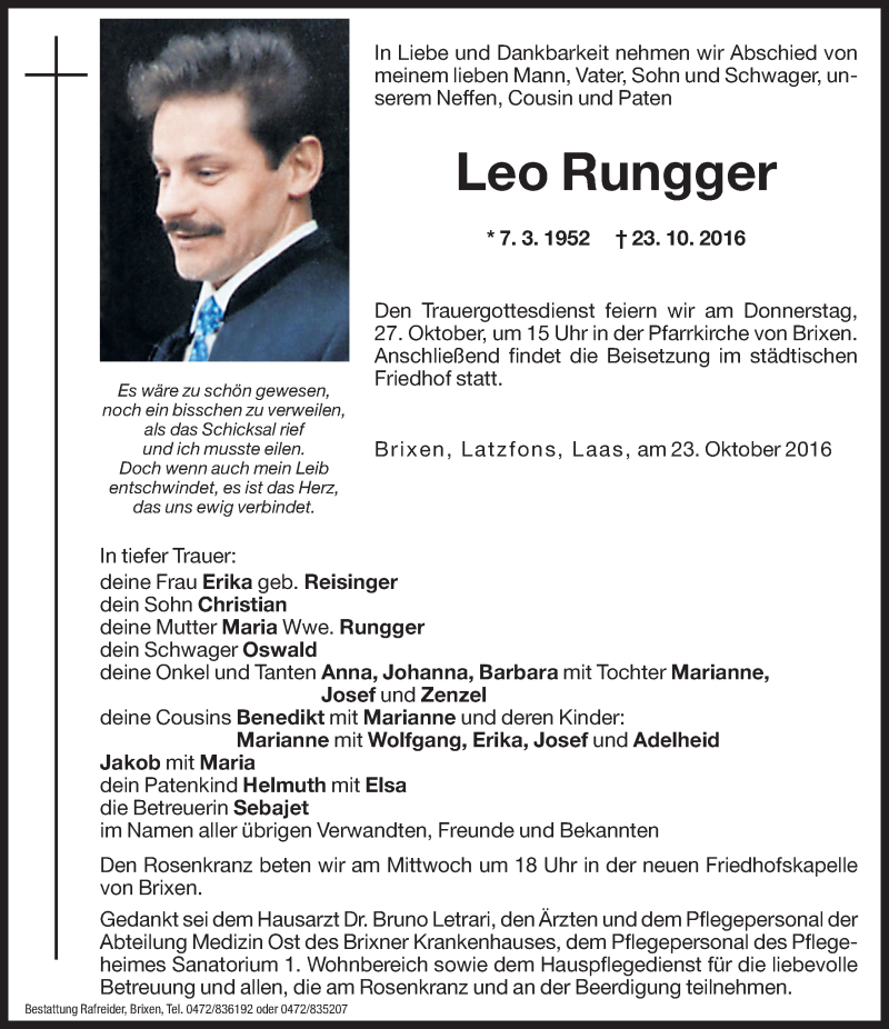  Traueranzeige für Leo Rungger vom 25.10.2016 aus Dolomiten