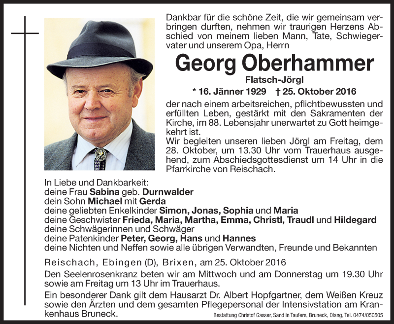  Traueranzeige für Georg Oberhammer vom 26.10.2016 aus Dolomiten