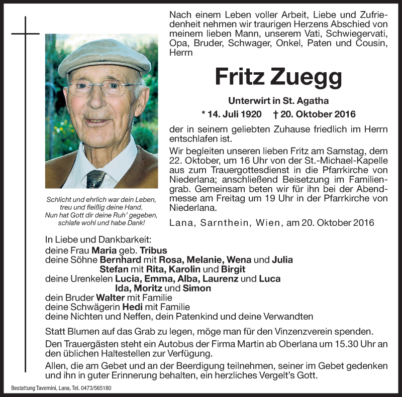  Traueranzeige für Fritz Zuegg vom 21.10.2016 aus Dolomiten