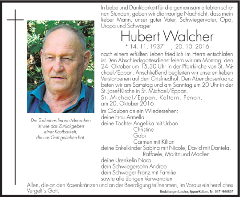  Traueranzeige für Hubert Walcher vom 22.10.2016 aus Dolomiten