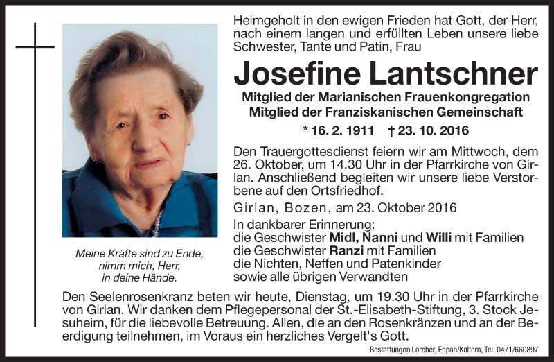  Traueranzeige für Josefine Lantschner vom 25.10.2016 aus Dolomiten