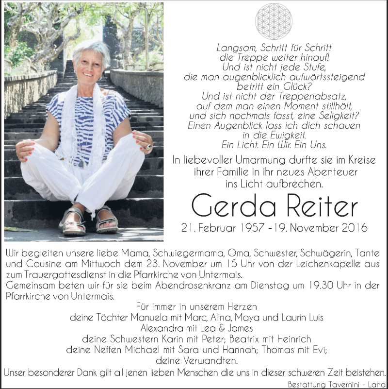  Traueranzeige für Gerda Reiter vom 22.11.2016 aus Dolomiten
