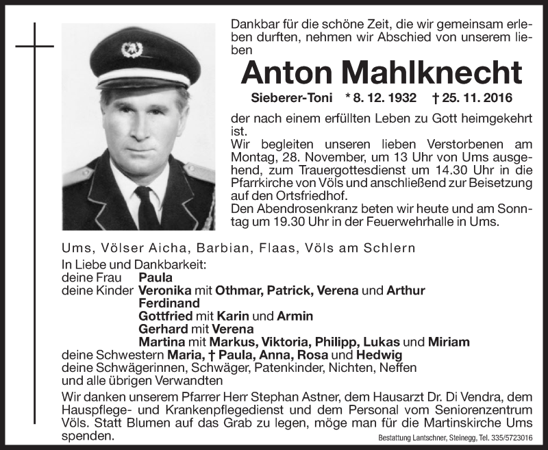  Traueranzeige für Anton Mahlknecht vom 26.11.2016 aus Dolomiten
