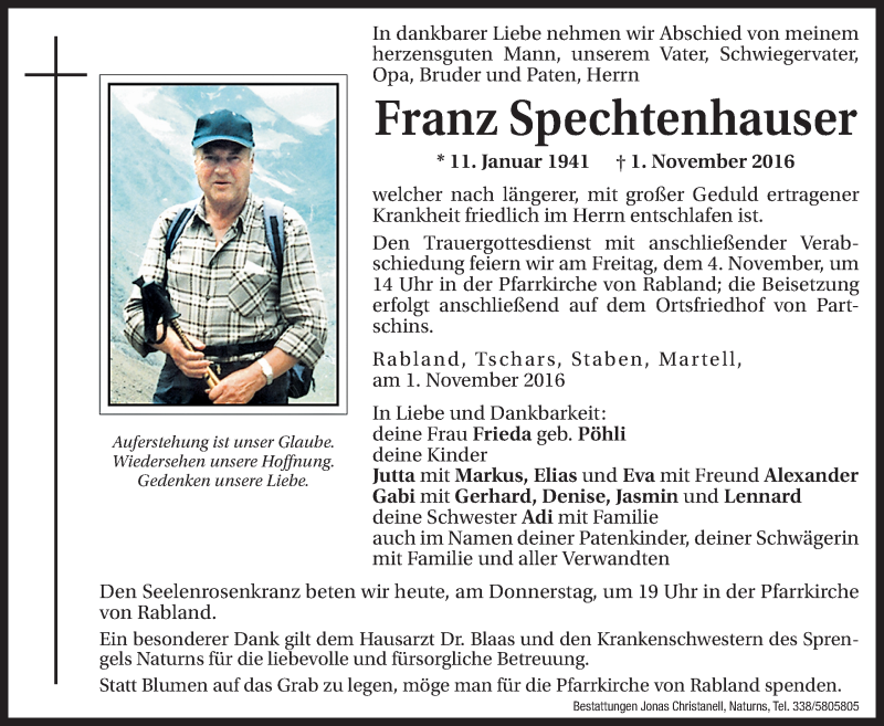  Traueranzeige für Franz Spechtenhauser vom 03.11.2016 aus Dolomiten
