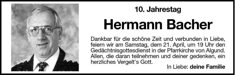  Traueranzeige für Hermann Bacher vom 20.04.2007 aus Dolomiten
