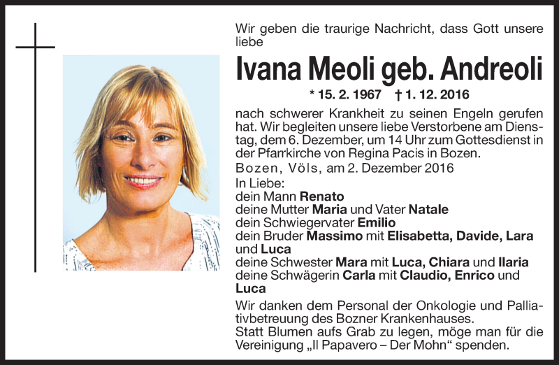  Traueranzeige für Ivana Meoli vom 03.12.2016 aus Dolomiten