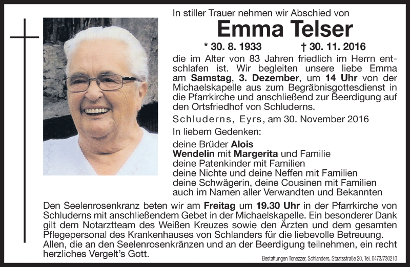  Traueranzeige für Emma Telser vom 02.12.2016 aus Dolomiten