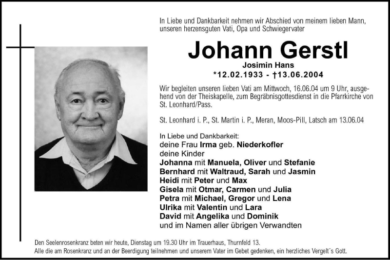  Traueranzeige für Johann Gerstl vom 15.06.2004 aus Dolomiten