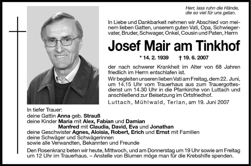  Traueranzeige für Josef Mair am Tinkhof vom 20.06.2007 aus Dolomiten
