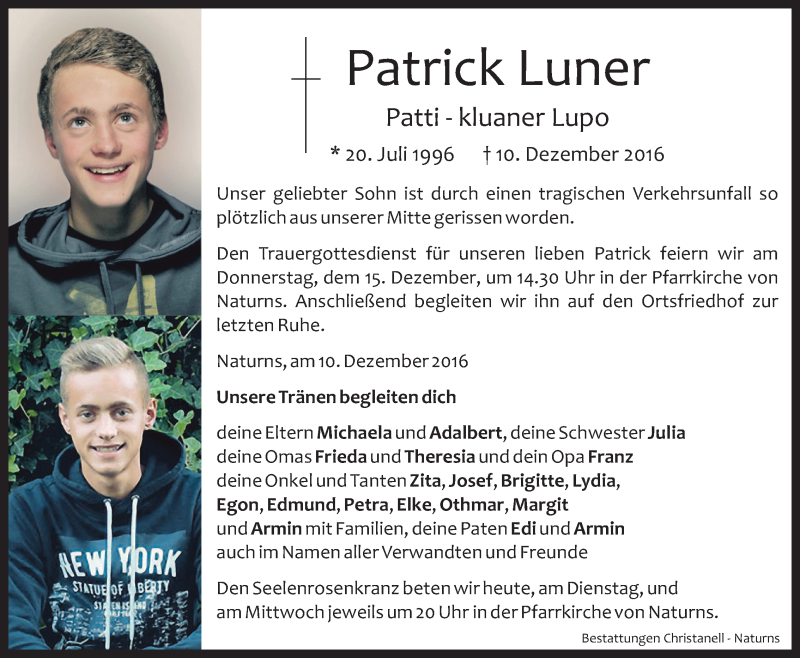  Traueranzeige für Patrick Luner vom 13.12.2016 aus Dolomiten