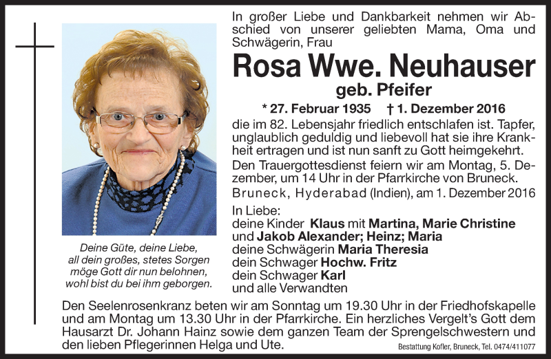  Traueranzeige für Rosa Neuhauser vom 03.12.2016 aus Dolomiten