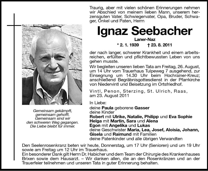 Traueranzeige für Ignaz Seebacher vom 25.08.2011 aus Dolomiten